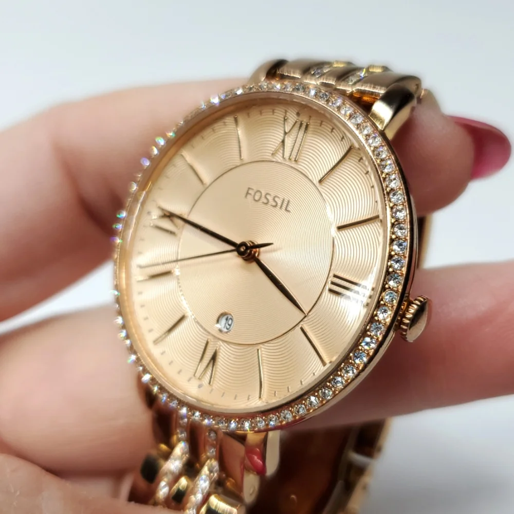 Fossil Watch ES-3546 Rose Gold Wristband Large Face Crystal Bling